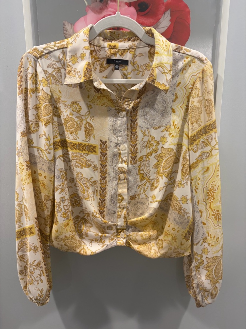 DREW Yellow & Cream Paisley Button-Front Blouse Size Small
